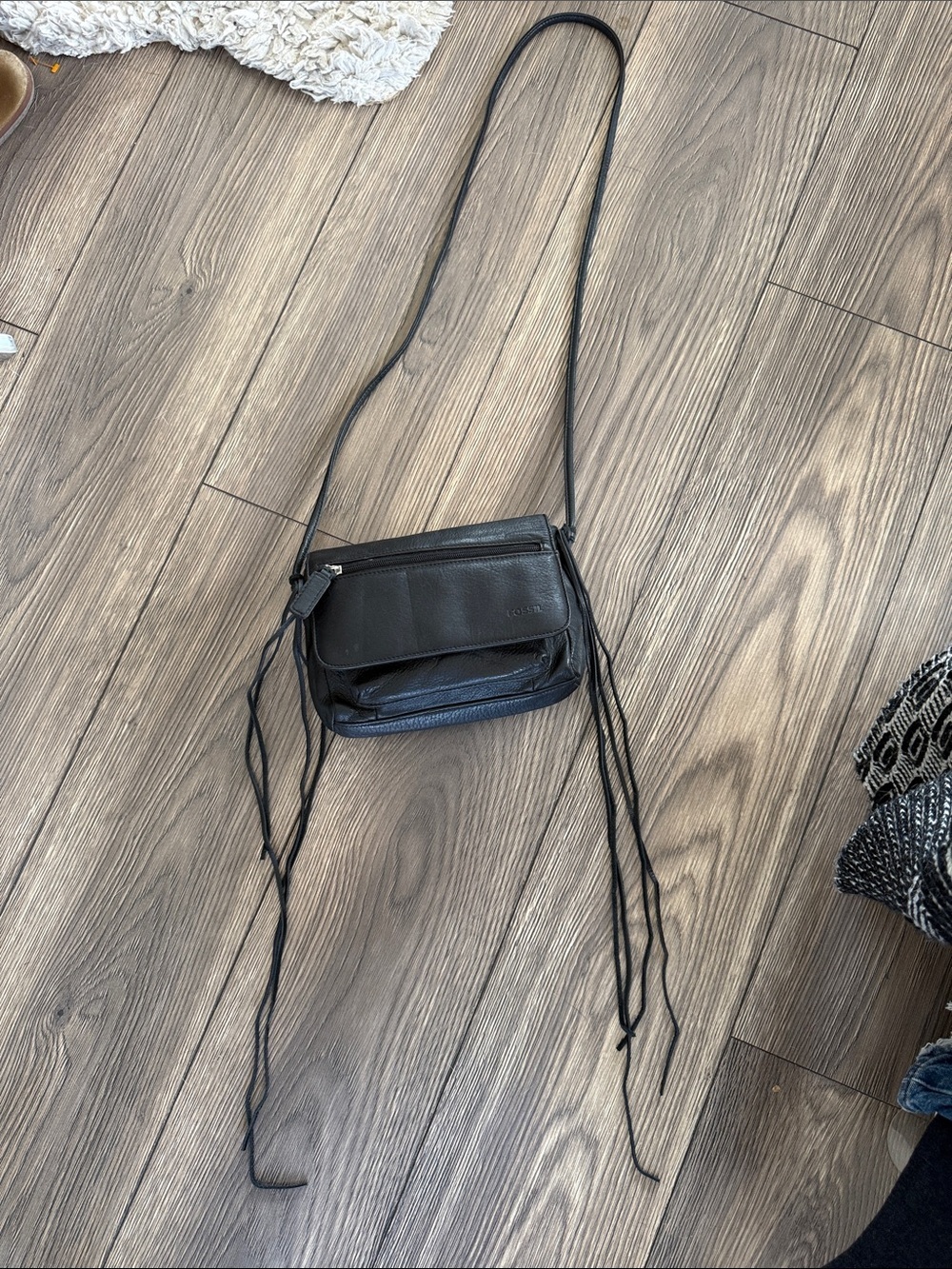 Fossil Black Leather Crossbody Bag with fringe Vtg